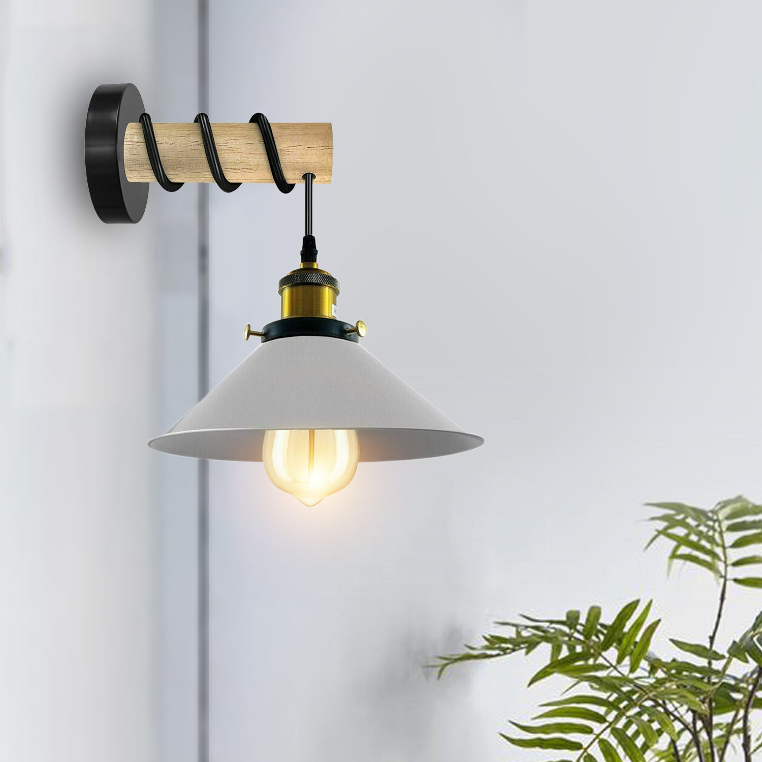 Modern Combined Solid Wooden Arm Metal Shade Wall Sconce~3476