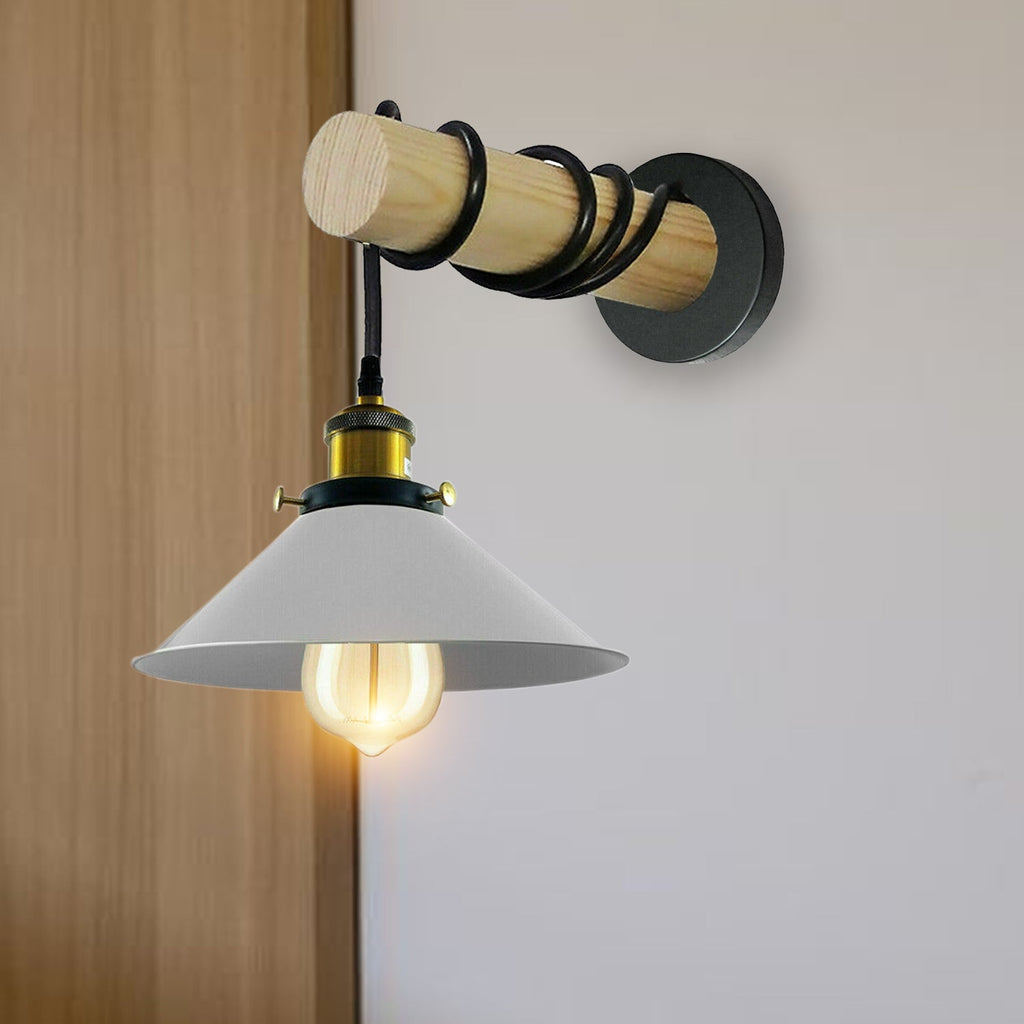 Modern Combined Solid Wooden Arm Metal Shade Wall Sconce~3476