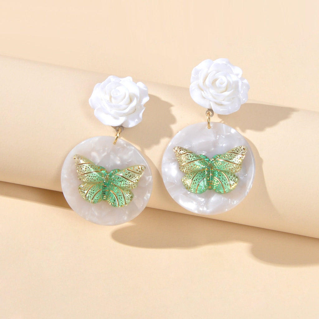 Designer Stylish Jewellery White Flower Green Butterfly Dangle Chunky Earrings