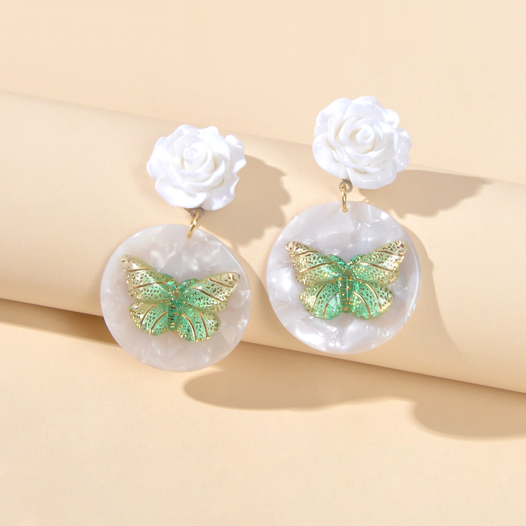 Designer Stylish Jewellery White Flower Green Butterfly Dangle Chunky Earrings
