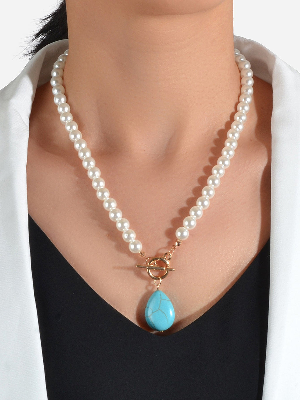 Retro Designer Bohemian Jewellery Simulated Pearl Chain Turquoise Charm Necklace