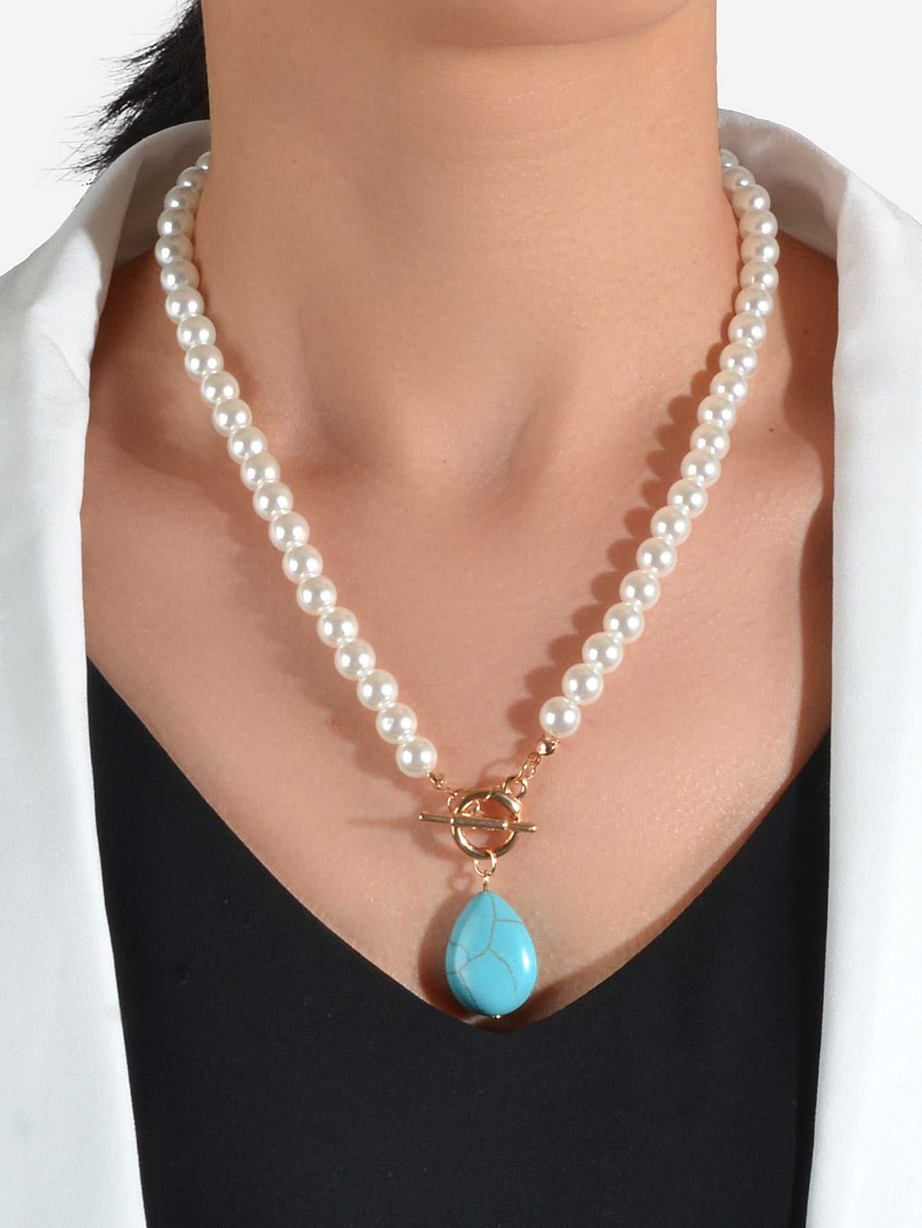 Retro Designer Bohemian Jewellery Simulated Pearl Chain Turquoise Charm Necklace