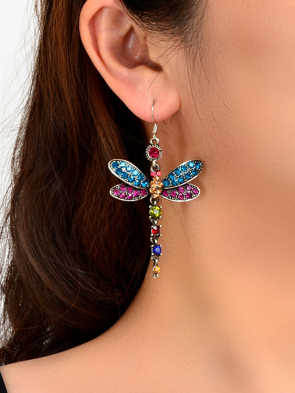 Luxury Jewellery Colorful Rhinestone Dragonfly Long Pendant Dangle Gift Earrings