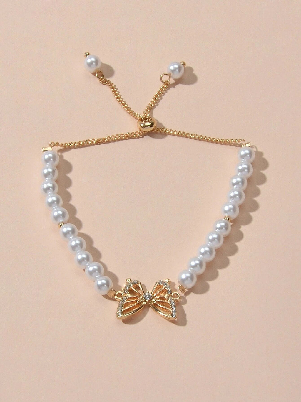 Fashion Jewellery Rhinestone Butterfly Charm Pearl Sliding Adjustable Bracelet