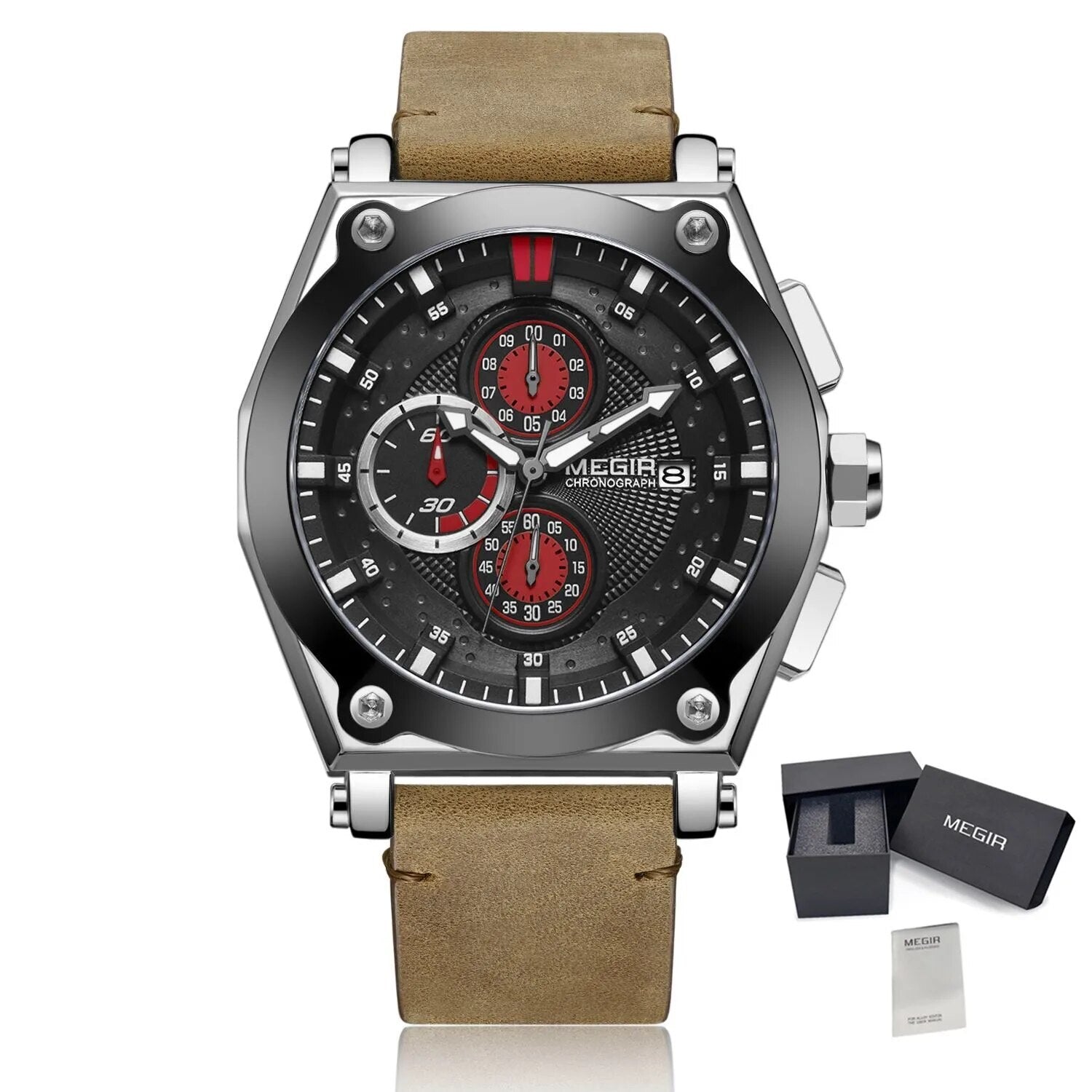 MEGIR Luxury Quartz Men Watch Multifunction Leather Strap Sport Chronograph Waterproof Man Wristwatch Clock Montre Homme 2098
