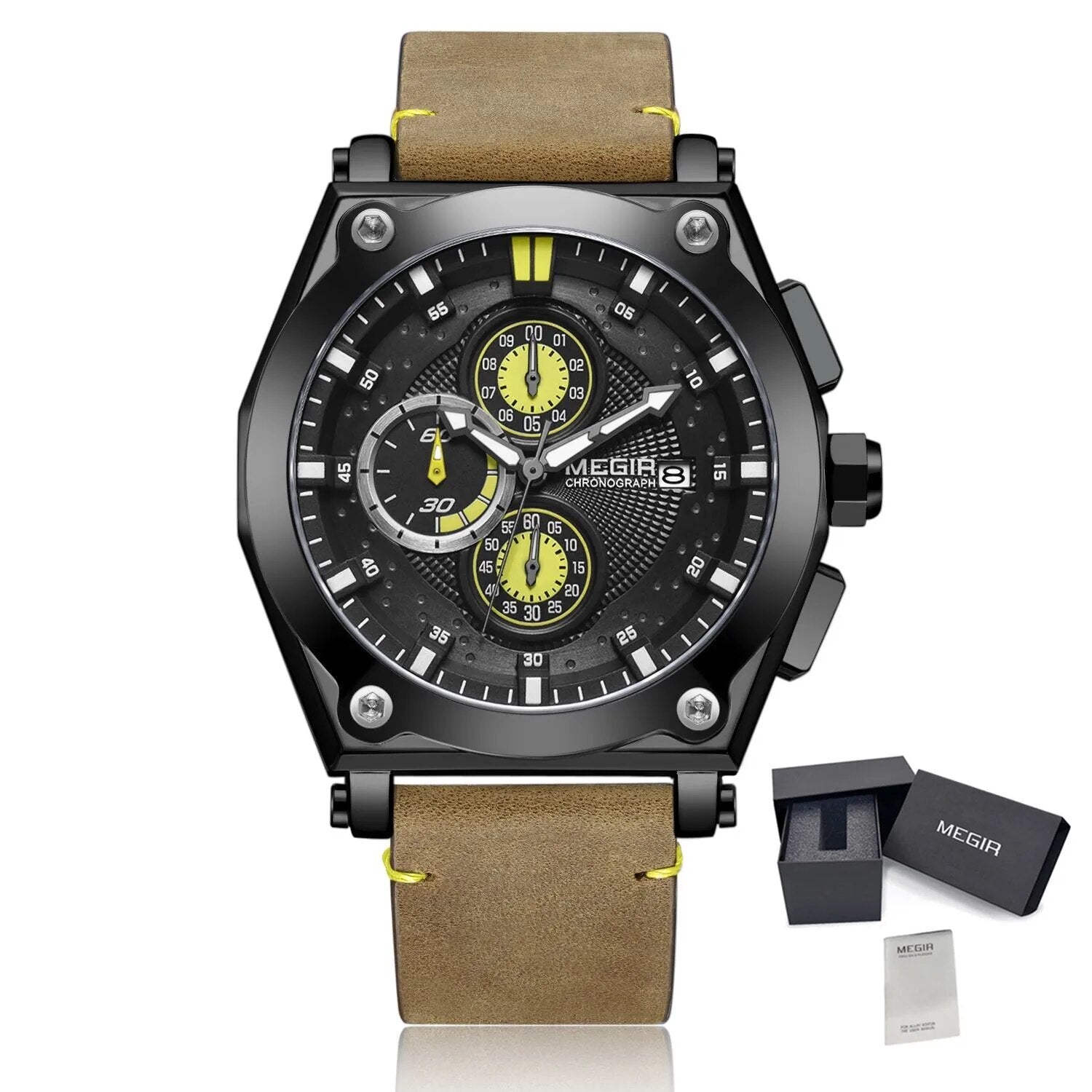 MEGIR Luxury Quartz Men Watch Multifunction Leather Strap Sport Chronograph Waterproof Man Wristwatch Clock Montre Homme 2098
