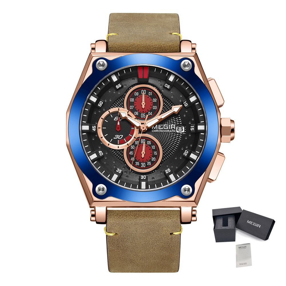 MEGIR Luxury Quartz Men Watch Multifunction Leather Strap Sport Chronograph Waterproof Man Wristwatch Clock Montre Homme 2098