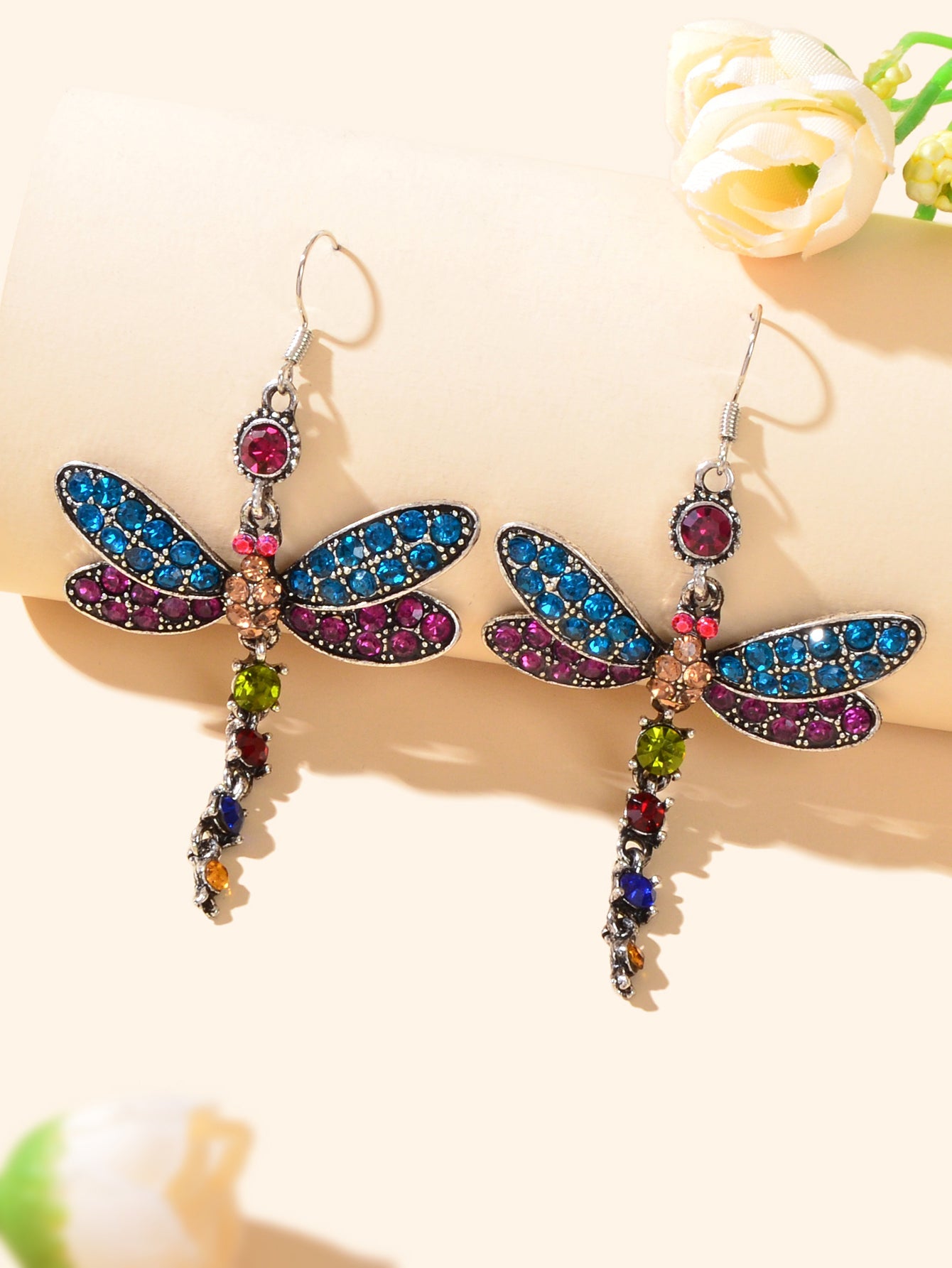 Luxury Jewellery Colorful Rhinestone Dragonfly Long Pendant Dangle Gift Earrings