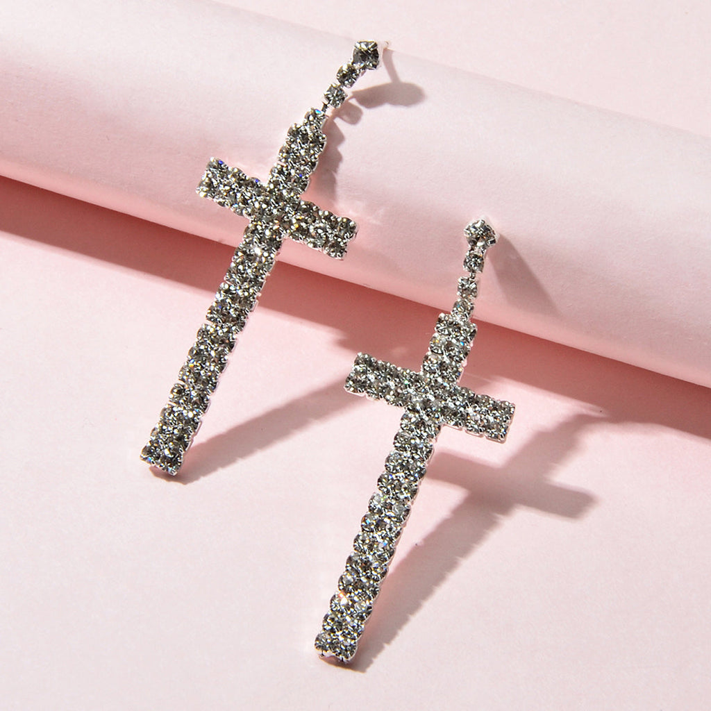Female Jewellery Punk Shining Full Rhinestone Silver Cross Statement Earrings