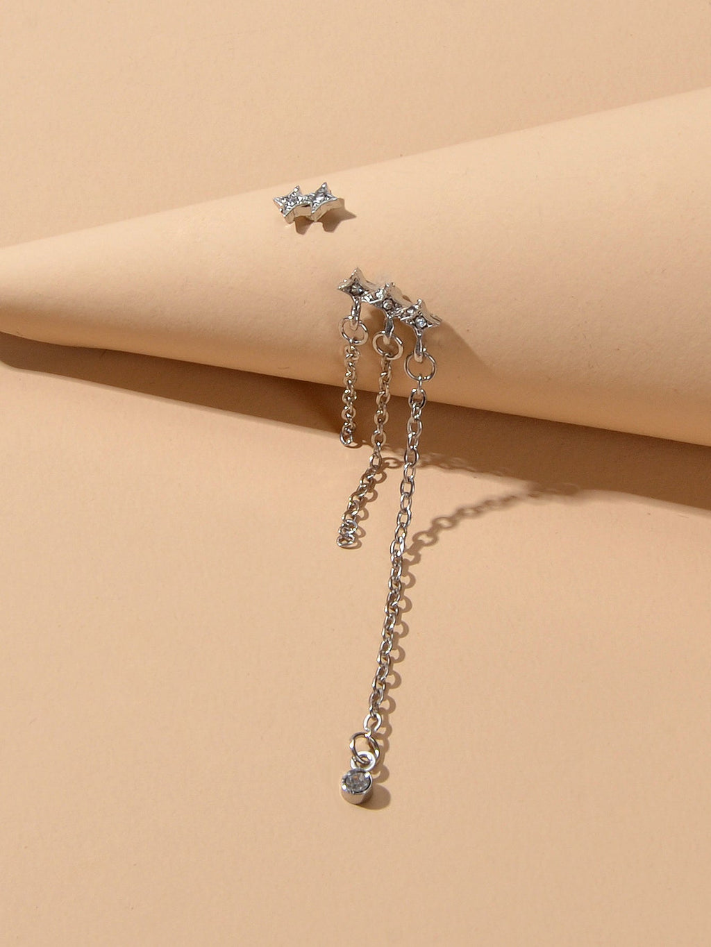 Designer Jewellery Rhinestone Star Silver Chain Tassel Asymmetric Stud Earrings