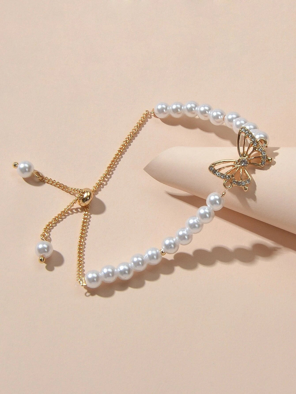 Fashion Jewellery Rhinestone Butterfly Charm Pearl Sliding Adjustable Bracelet