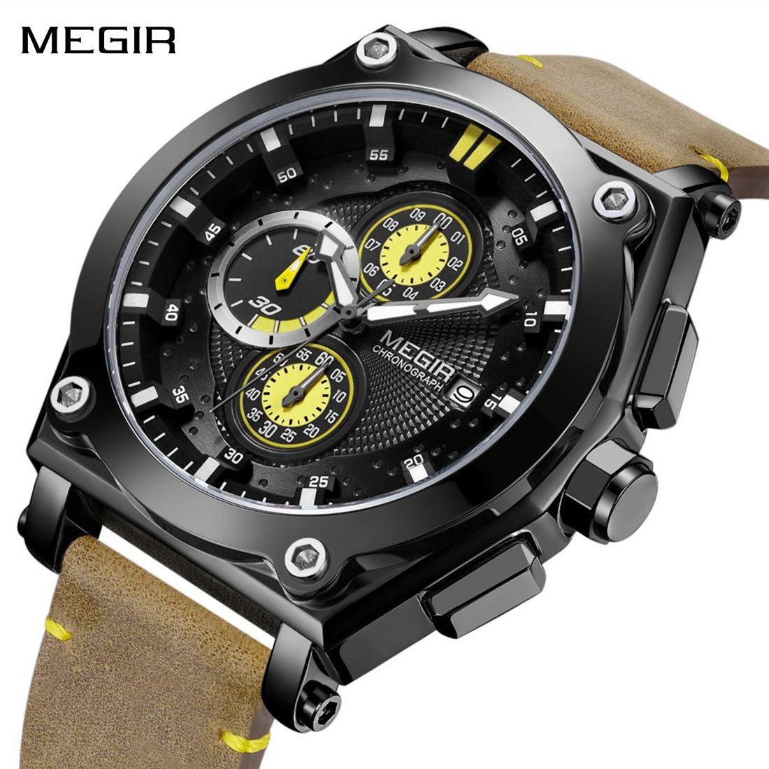 MEGIR Luxury Quartz Men Watch Multifunction Leather Strap Sport Chronograph Waterproof Man Wristwatch Clock Montre Homme 2098