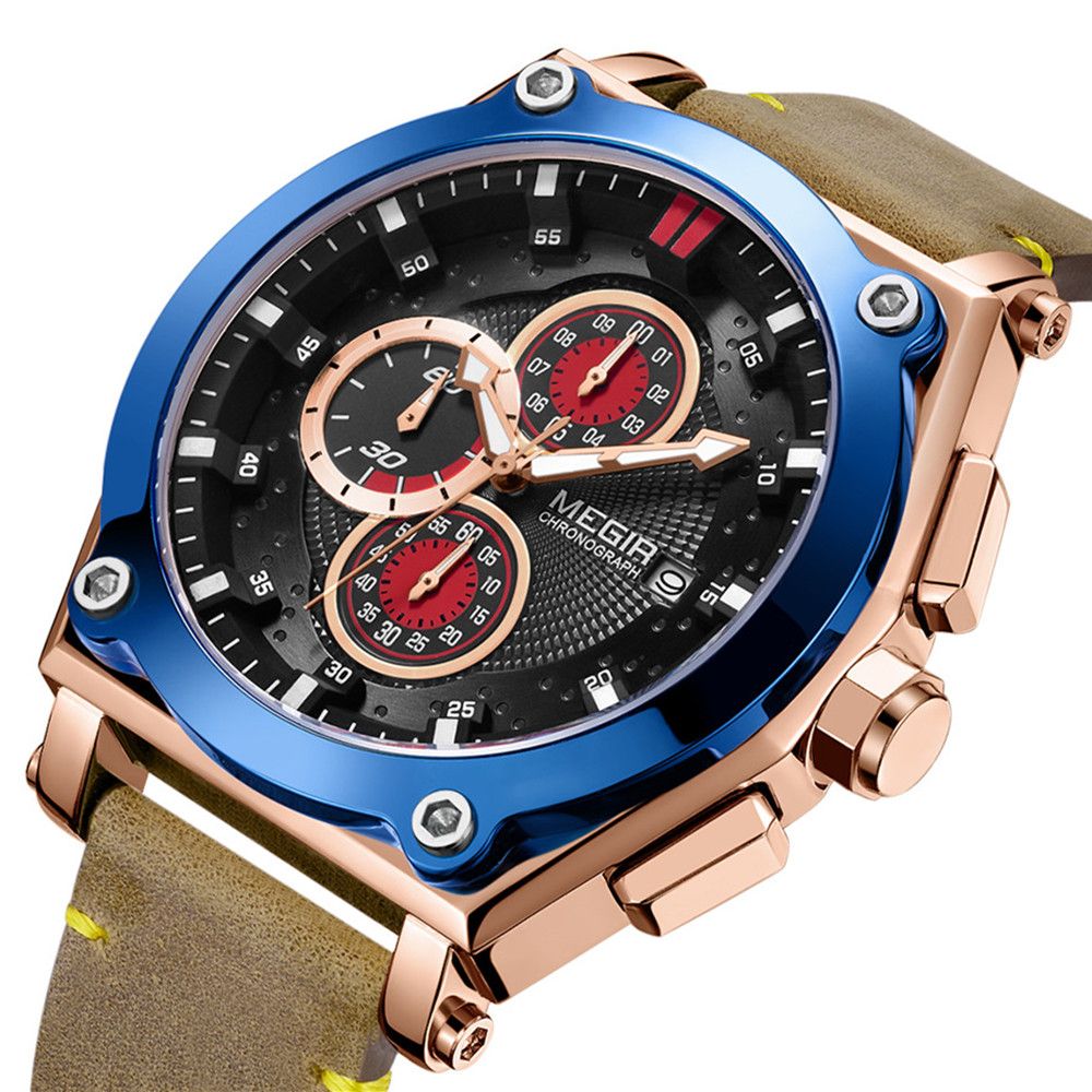 MEGIR Luxury Quartz Men Watch Multifunction Leather Strap Sport Chronograph Waterproof Man Wristwatch Clock Montre Homme 2098