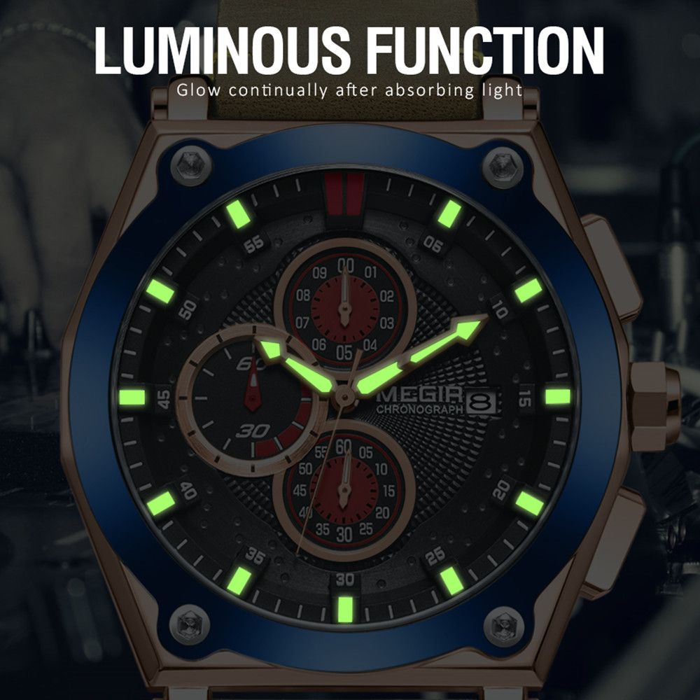 MEGIR Luxury Quartz Men Watch Multifunction Leather Strap Sport Chronograph Waterproof Man Wristwatch Clock Montre Homme 2098