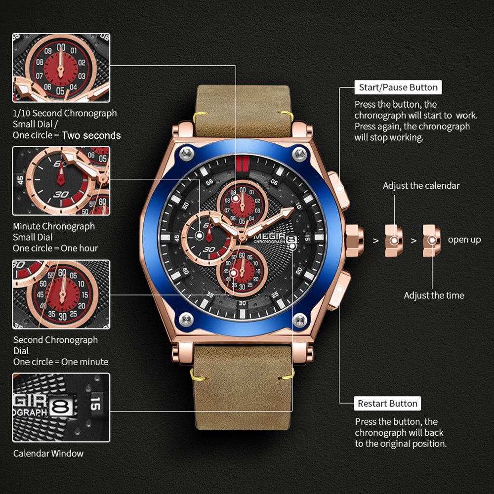 MEGIR Luxury Quartz Men Watch Multifunction Leather Strap Sport Chronograph Waterproof Man Wristwatch Clock Montre Homme 2098