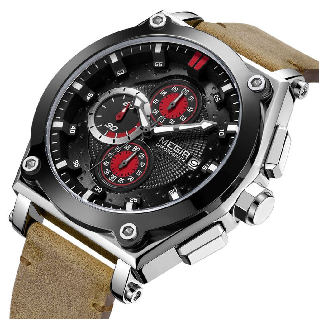 MEGIR Luxury Quartz Men Watch Multifunction Leather Strap Sport Chronograph Waterproof Man Wristwatch Clock Montre Homme 2098