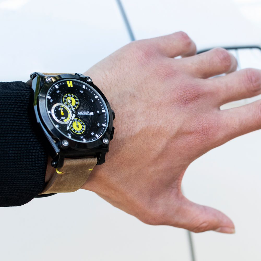 MEGIR Luxury Quartz Men Watch Multifunction Leather Strap Sport Chronograph Waterproof Man Wristwatch Clock Montre Homme 2098