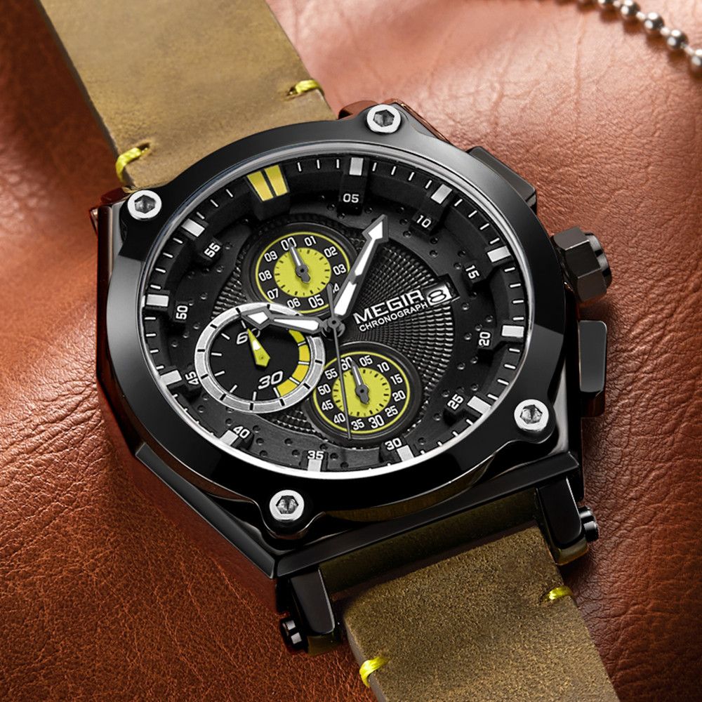 MEGIR Luxury Quartz Men Watch Multifunction Leather Strap Sport Chronograph Waterproof Man Wristwatch Clock Montre Homme 2098