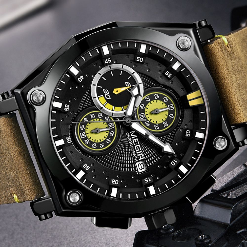 MEGIR Luxury Quartz Men Watch Multifunction Leather Strap Sport Chronograph Waterproof Man Wristwatch Clock Montre Homme 2098