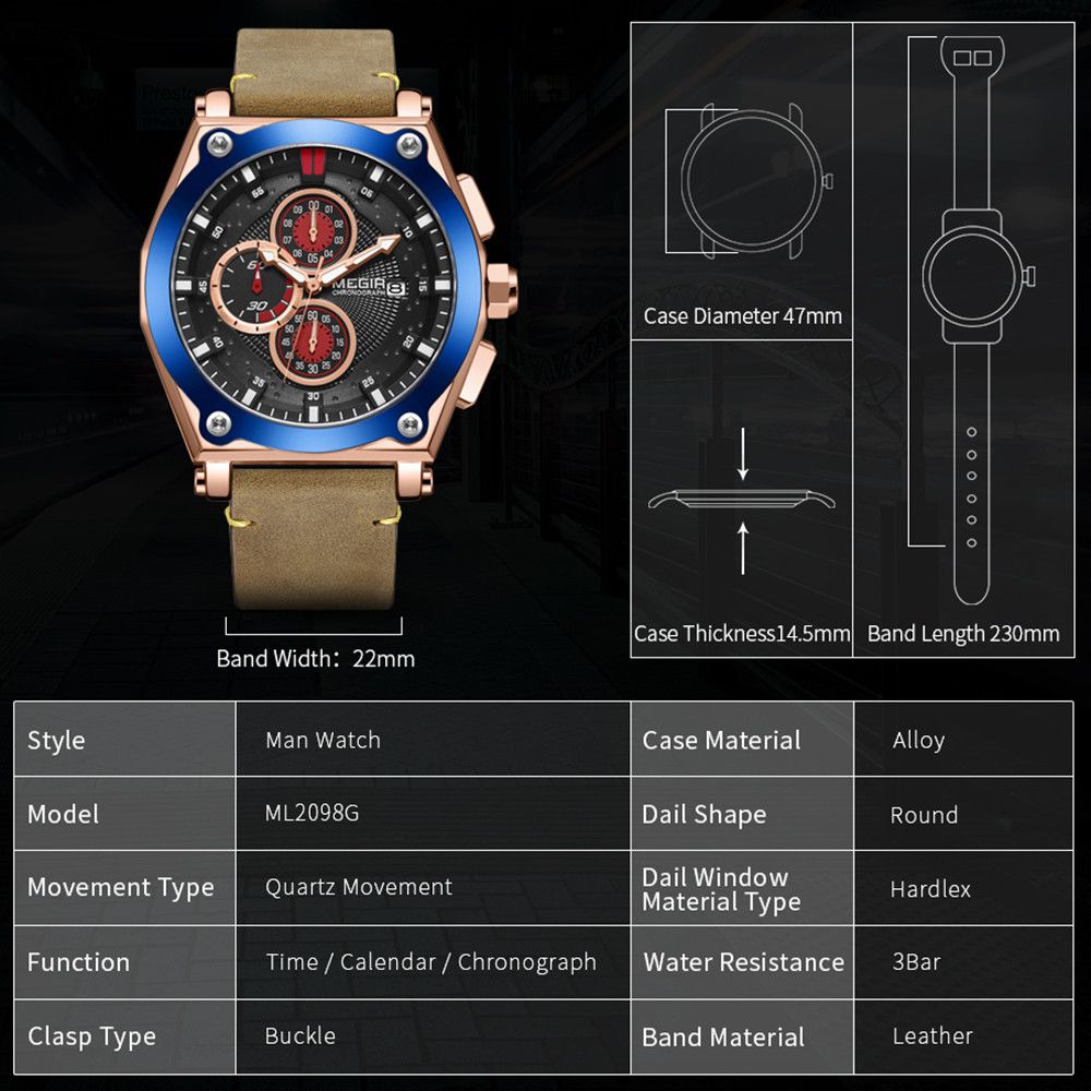 MEGIR Luxury Quartz Men Watch Multifunction Leather Strap Sport Chronograph Waterproof Man Wristwatch Clock Montre Homme 2098
