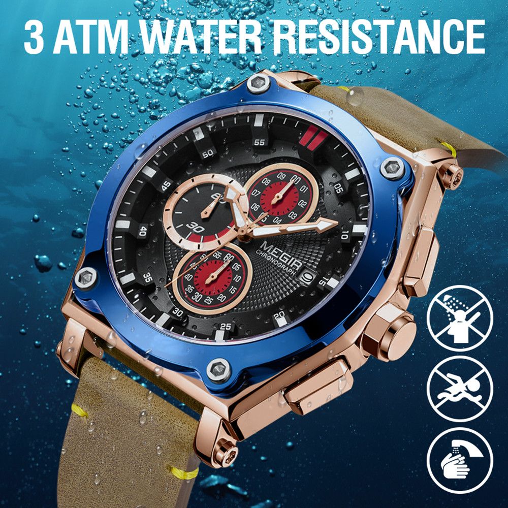 MEGIR Luxury Quartz Men Watch Multifunction Leather Strap Sport Chronograph Waterproof Man Wristwatch Clock Montre Homme 2098