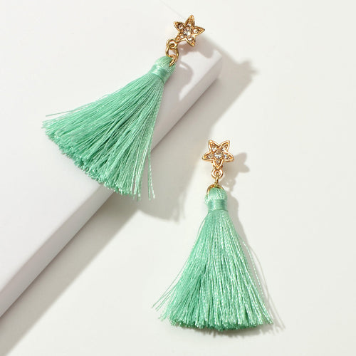 Bohemian Ethnic Jewellery Rhinestone Star Green Tassel Dangle Holiday Earrings