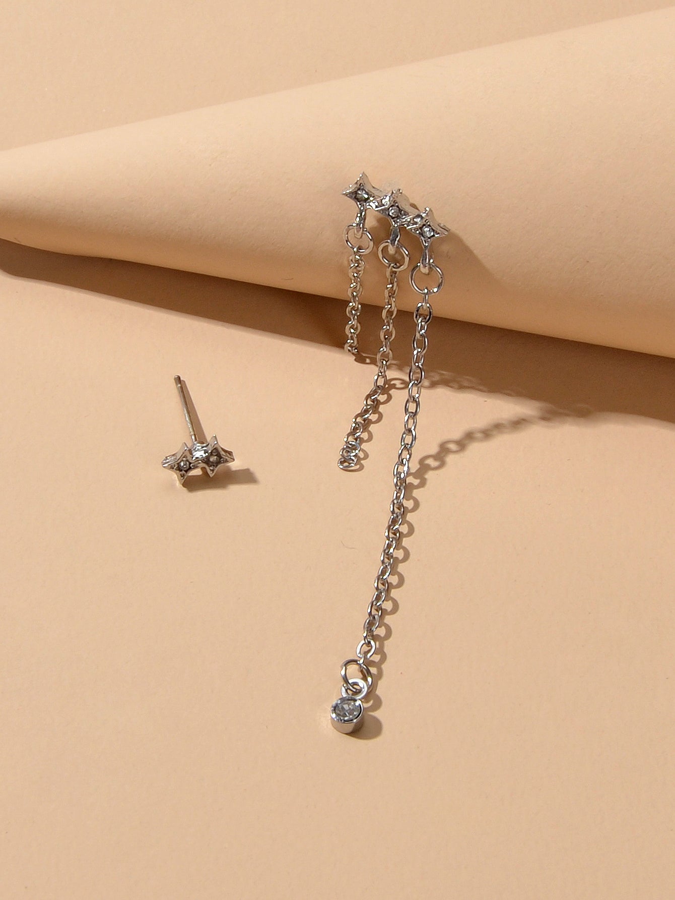 Designer Jewellery Rhinestone Star Silver Chain Tassel Asymmetric Stud Earrings