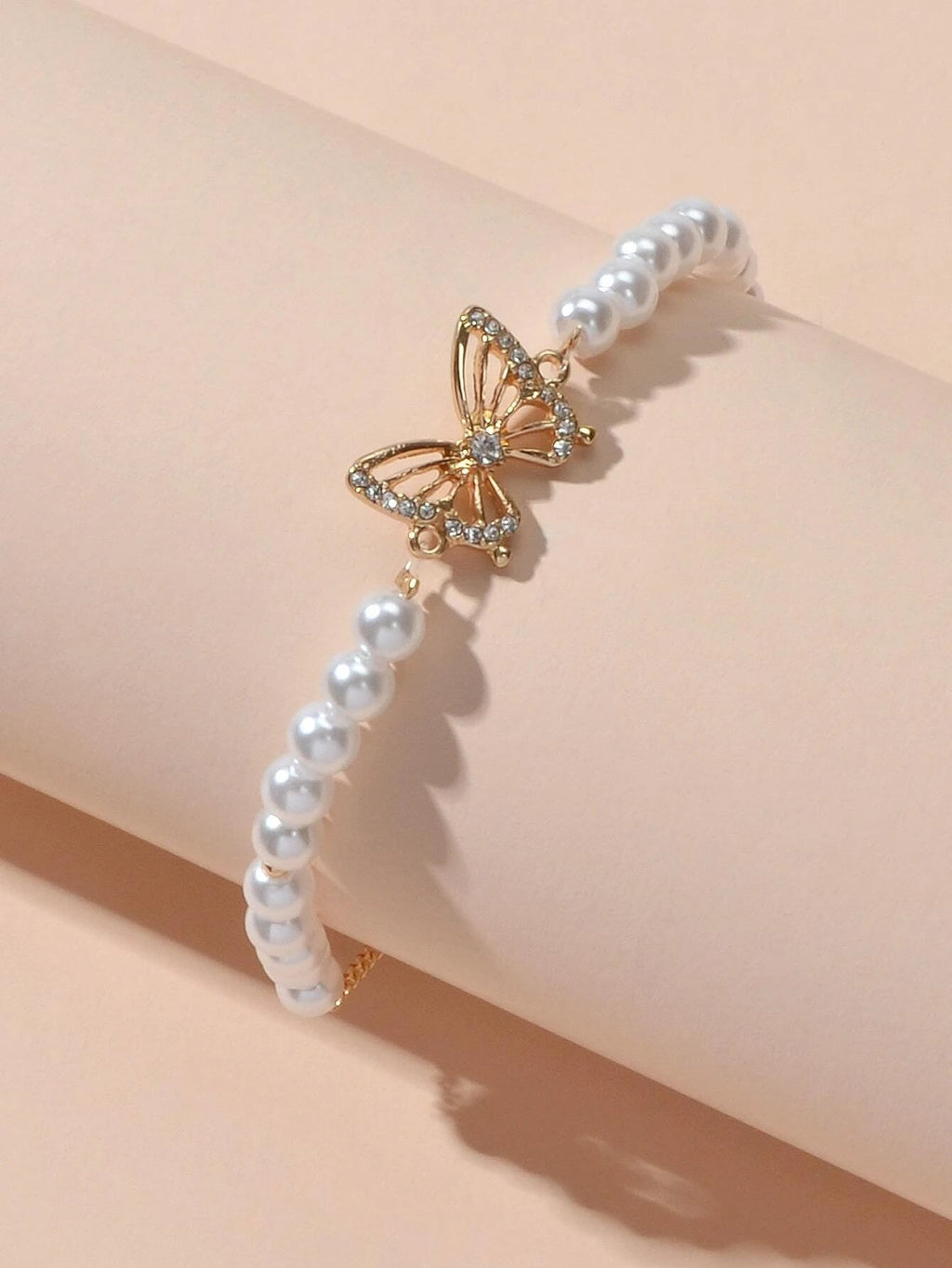 Fashion Jewellery Rhinestone Butterfly Charm Pearl Sliding Adjustable Bracelet