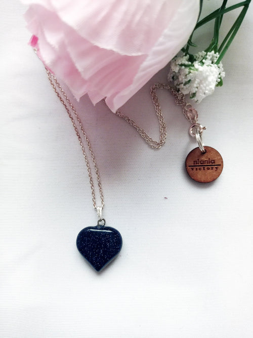 Blue Goldstone Sterling Silver Necklace, Heart Pendant Necklace, Gemstone Necklace, Sterling Silver Necklace | by nlanlaVictory