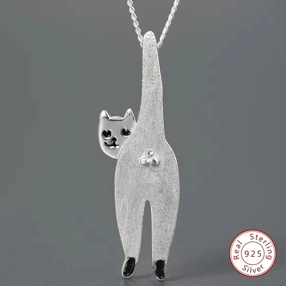 925 Sterling Silver Funny Cat Pendant  Playful Cat Lover Jewellery Gift