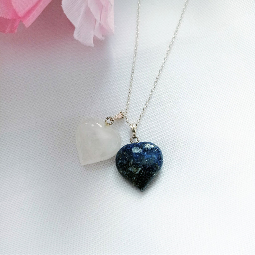 Lapis Lazuli and Rose Quartz Hearts Necklace, Lapis Lazuli and Rose Quartz Sterling Silver necklace,  Lapis Lazuli and Rose Quartz Pendants, Gemstone Necklace | by nlanlaVictory