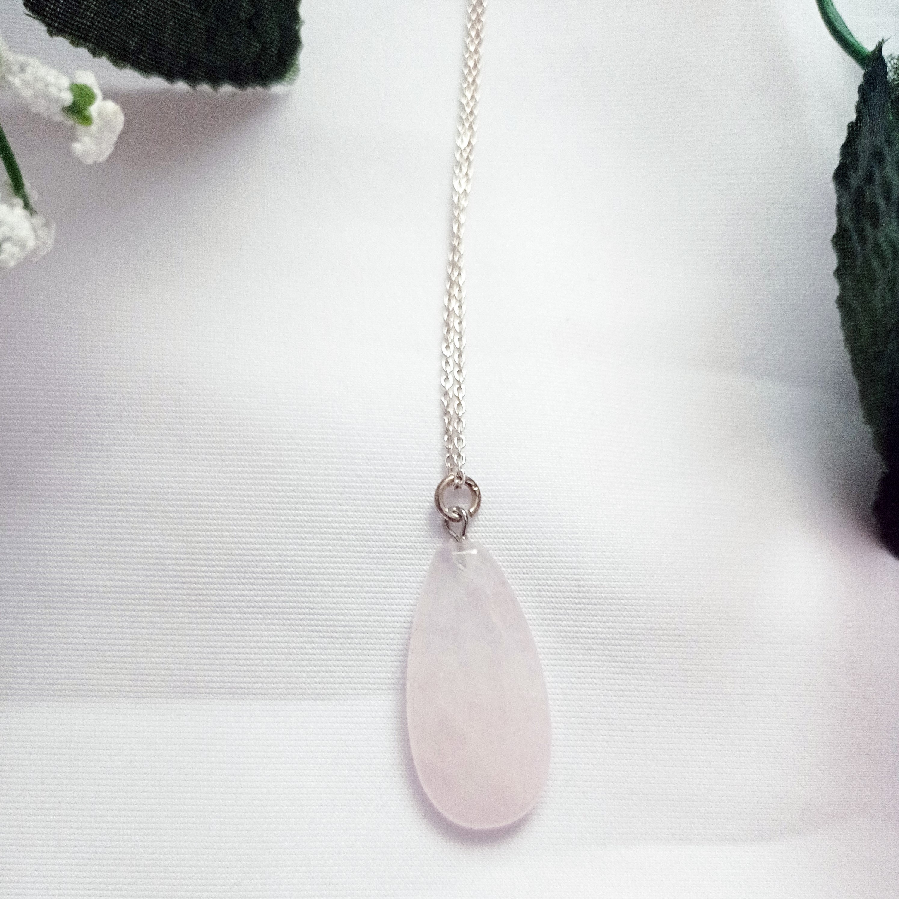 Rose Quartz Necklace, Rose Quartz Sterling Silver necklace, Rose Quartz Teardrop Pendant Necklace | by nlanlaVictory