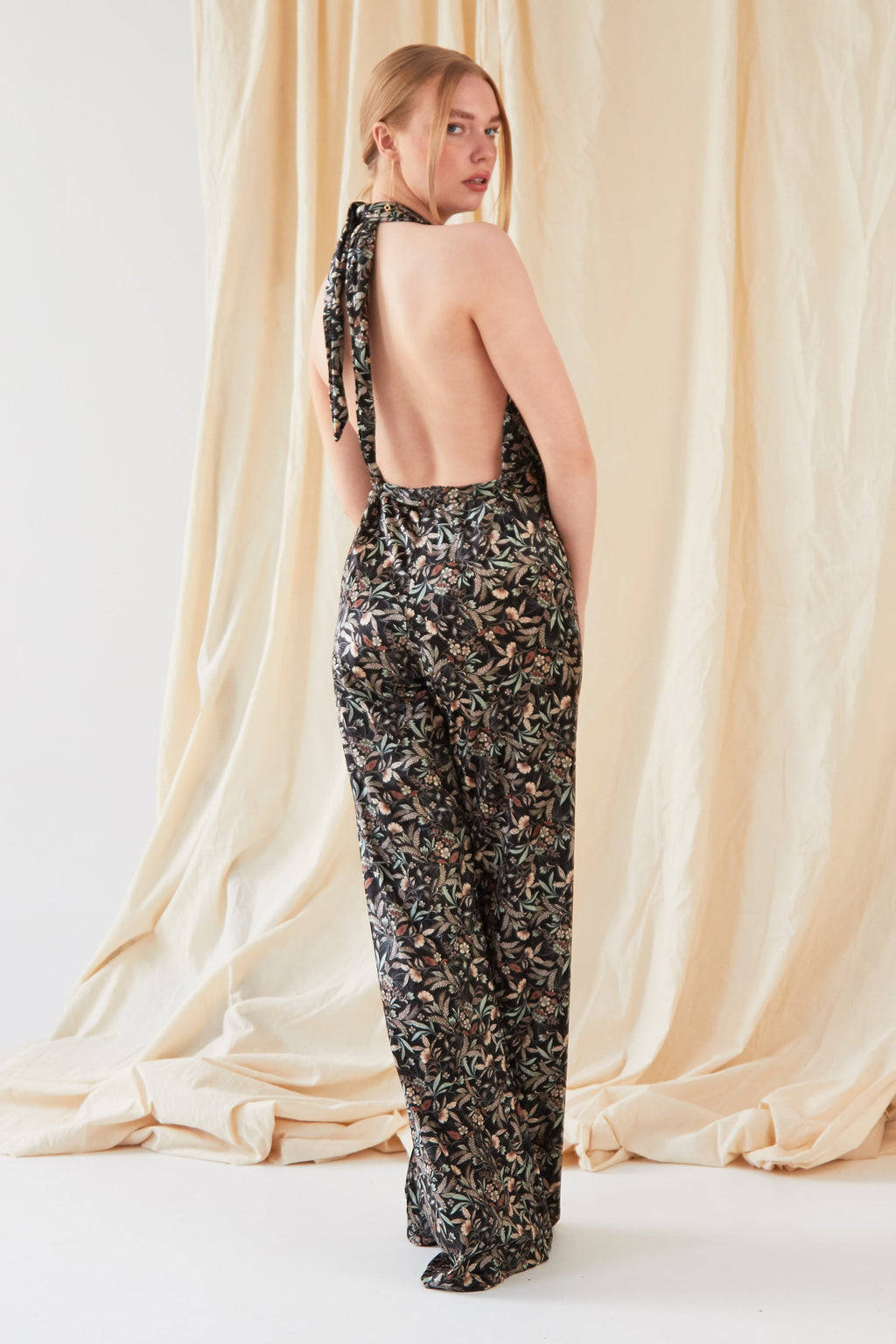 Floral Velvet Backless Jumpsuit