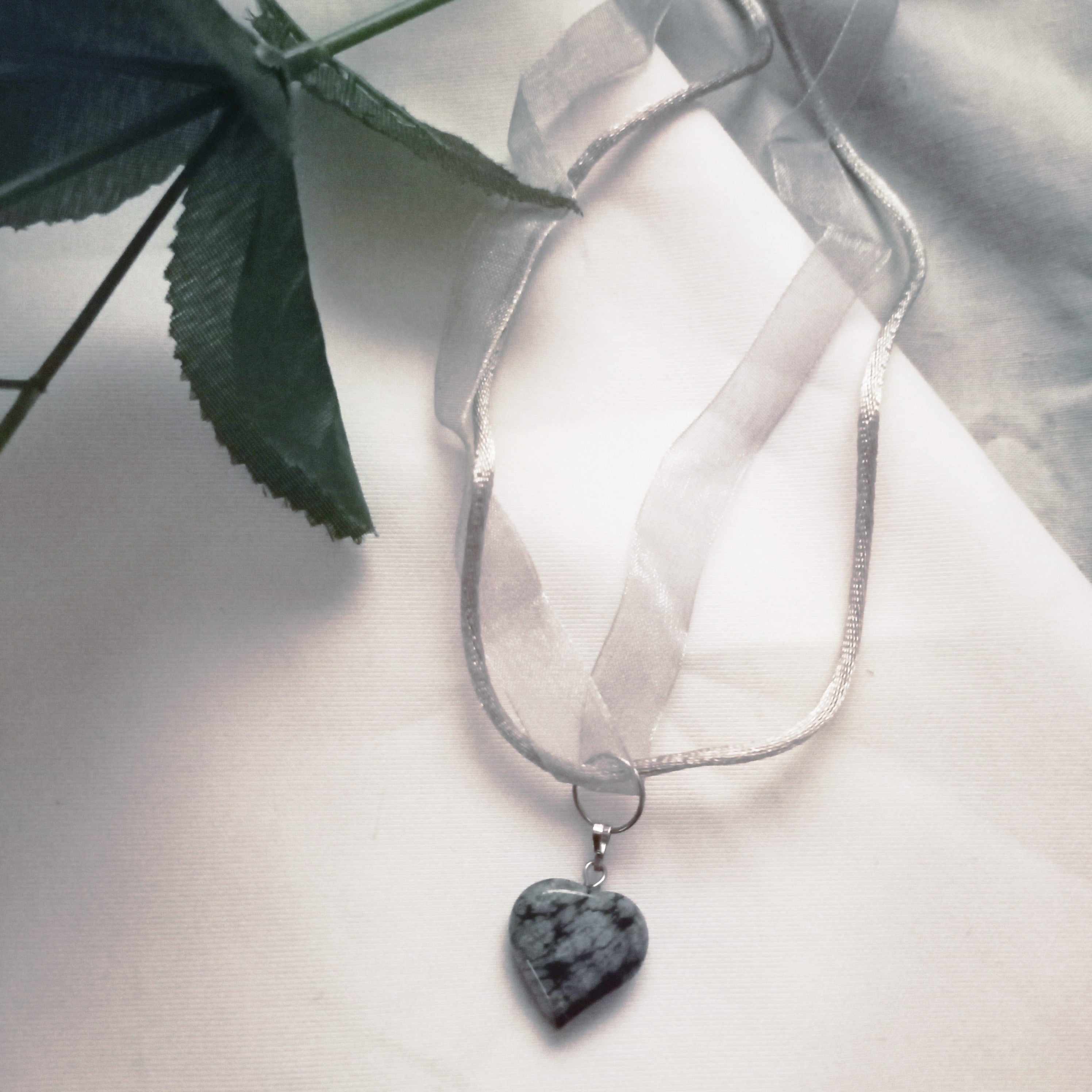 Snowflake Obsidian Necklace, Snowflake Obsidian Heart Necklace, Gemstone Pendant Necklace, Grey Organza Ribbon Necklace, Adjustable Necklace | by nlanlaVictory