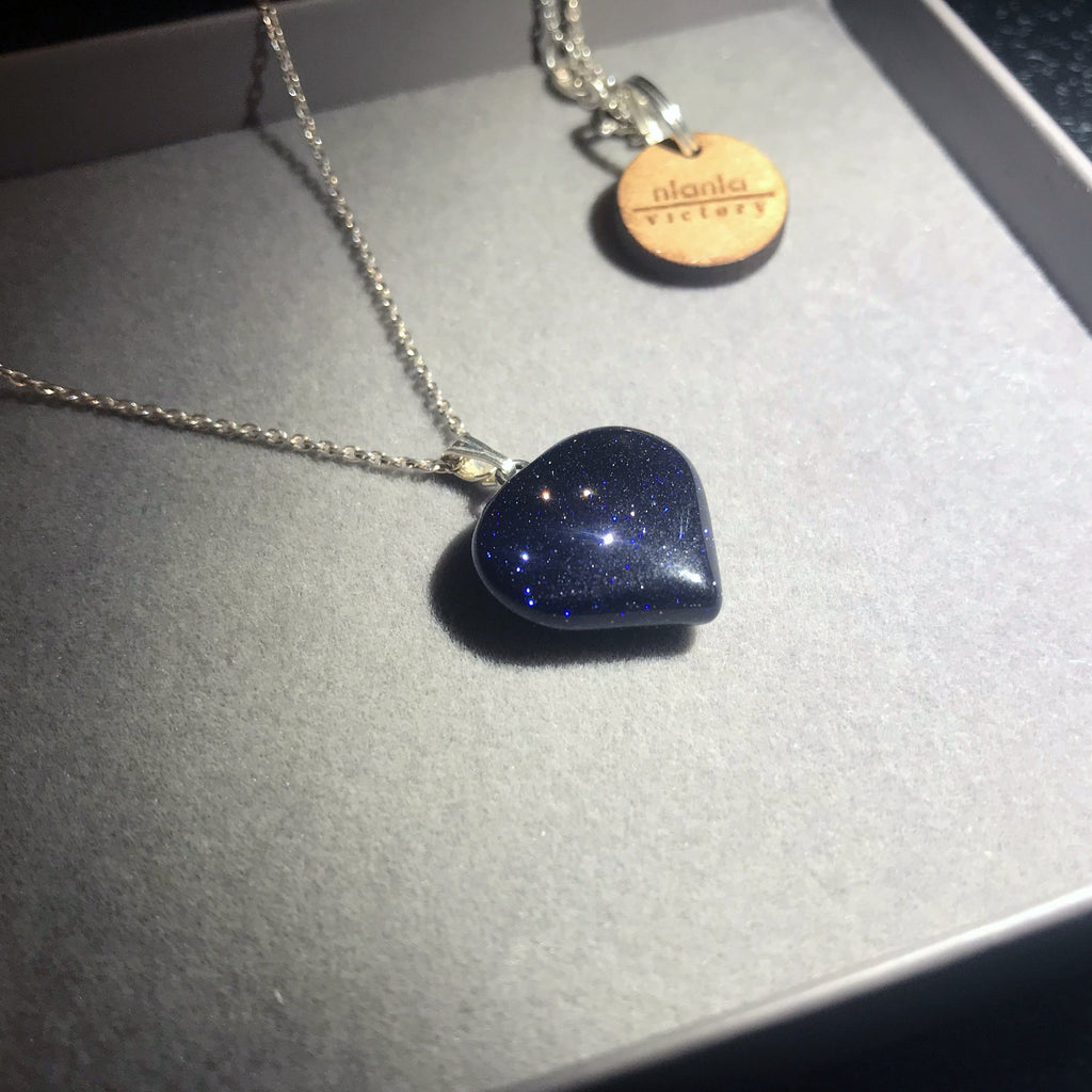 Blue Goldstone Sterling Silver Necklace, Heart Pendant Necklace, Gemstone Necklace, Sterling Silver Necklace | by nlanlaVictory