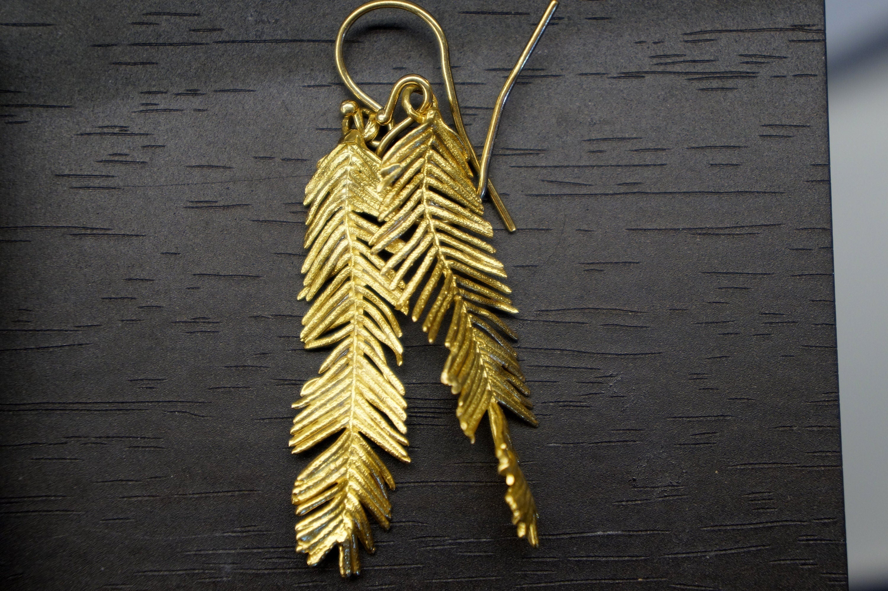 Mimosa Leaf Earrings: Handmade Nature Jewelry (Recycled Brass, 14k Gold)