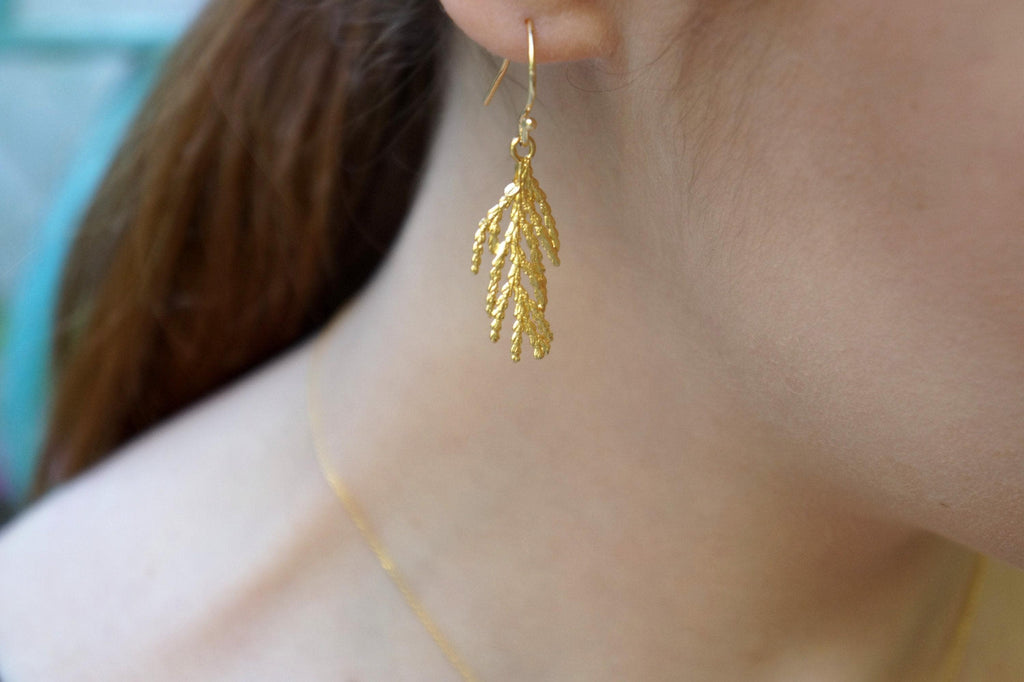 Real Cypress Flower Earrings: Brass with 14k Gold Plating, Dangling